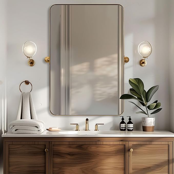 ANDY STAR 28"x36" Brushed Gold Bathroom Mirror for Wall, Brass Metal Framed Pivoting Bathroom Vanity Mirror with Rounded Corner, Tilt Rectangle Wall Mirrors Hangs Vertically Only(Overall 31.75" x 36")