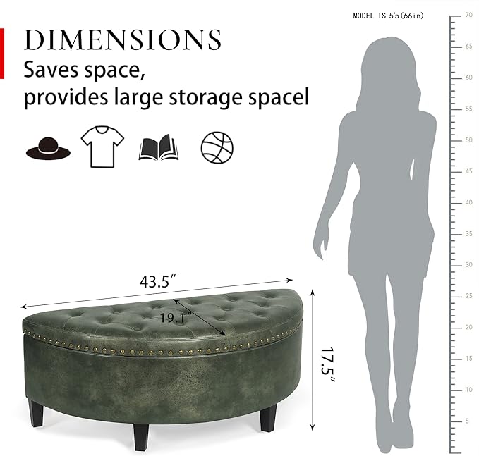 Homebeez 43" Half Moon Storage Ottoman Bench, End of Bed Storage Chest with Nailhead Trim for Entryway Living Room, Dark Green