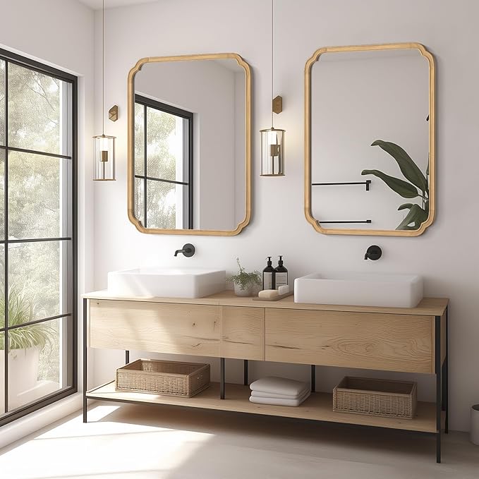 HOMECOOKIN Wood Bathroom Mirrors for Wall Mounted, 30" x 40" Rustic Wood Frame Wall Mirrors Decorative for Living Room or Bedroom Vanity Mirror (Natural) A