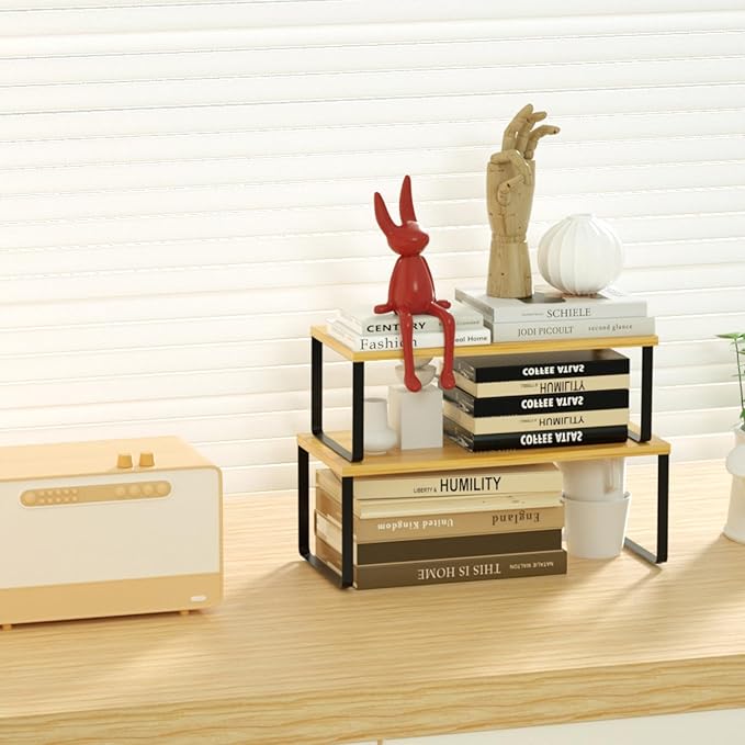 NEX Kitchen Cabinet and Counter Shelf Organizer, Stackable & Expandable, Set of 4, Black and Natural - 7.7 x 15.6 x 6.2''