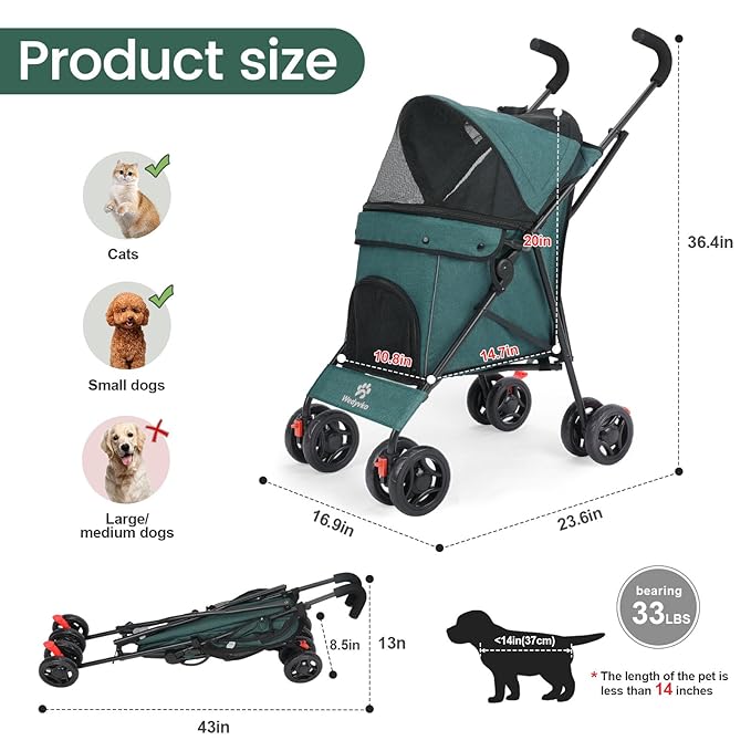 Pet Stroller for Small Dogs Medium Dogs 33lbs, Dog Pram Ultra Light - only 3.5 kg, Dog Stroller Pet Pram with 4 Wheel Foldable/Storage Basket/Cup Holder-P07 (Dark Green)