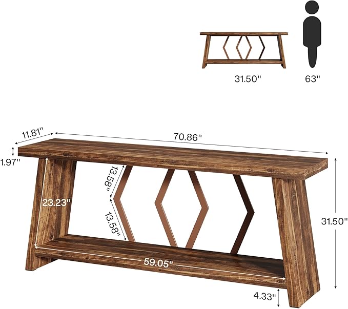 Tribesigns 70.86-Inch Extra Long Console Table for Living Room, 2-Tier Sofa Table Behind Couch with Storage, Wooden Console for Entryway Hallway, Brown