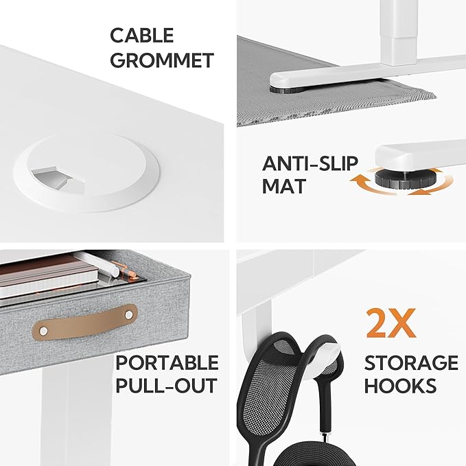 Seang Standing Desk with Drawer, 40" x 24" Height Adjustable Stand Up Desk, 3 Memory Height Settings with Cable Grommets & Storage Hooks, Ideal for Home & Office, White