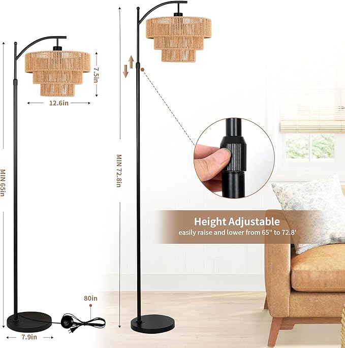 Boho Floor Lamp for Living Room Bedroom with Remote,Arc Farmhouse Floor Lamps with 3 Color Temperature,Rustic Standing Lamp with 3-Tier Rattan Wicker Shades,Adjustable Tall Lamp for Office,Corner