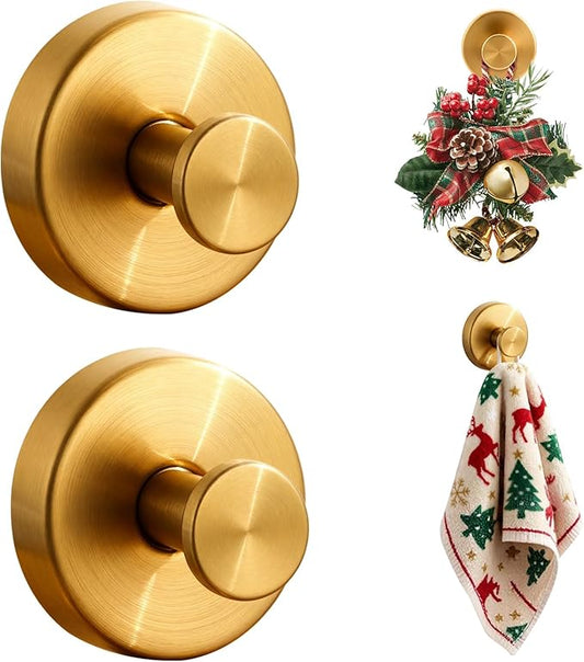 Suction Cup Hooks Stainless Steel Shower Hooks No Drill Towel Hooks Removable Wreath Hanger for Front Door, Bathroom Wall, Kitchen, Glass, Mirror (2 Pack)
