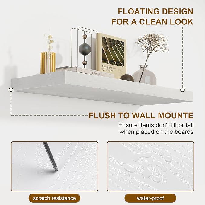 Fun Memories 40 Inch Floating Shelves Set of 2, 8 Inch Deep Wall Shelf, Rustic Wood Storage Shelves for Bedroom, Kitchen, Bathroom, Wall-Mounted Shelf with Invisible Brackets for Books|Storage, White