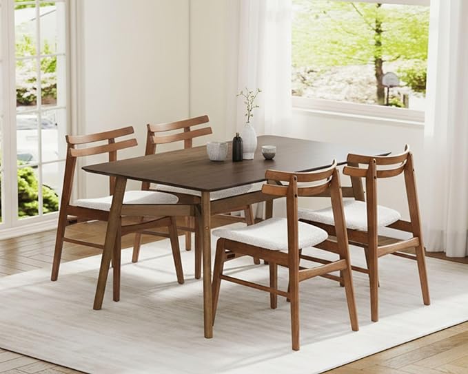 VESCASA 5-Piece Dining Set, 59" L Colonial Oak Rectangle Wood Dining Table with 4 Curved Back Sherpa Beige Wood Dining Chairs for Dining Room, Kitchen, Restaurant, Dining Set for 4