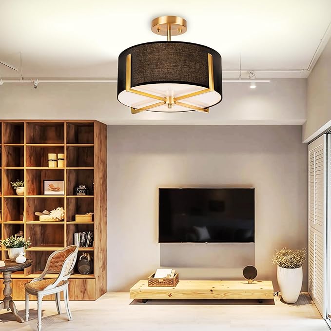 3-Light Semi Flush Mount Ceiling Light Fixture, 13.7" Gold Drum Light with Black Fabric Shade, Modern Close to Ceiling Lamp for Living Room Bedroom Dining Room Kitchen Hallway Entry Foyer