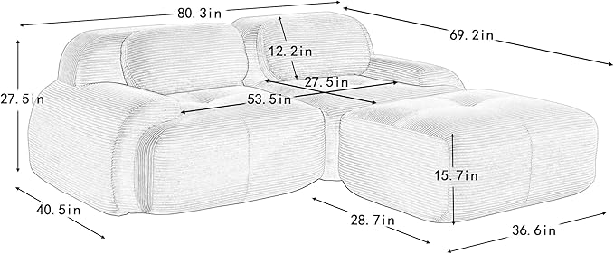 80" Modern Compressed Boneless Love Seat Couches with 1 Ottoman, 2 Seater Large Sectional Couches for Living Room, Gray Corduroy Cloud Modular Sectional Sofa, Memory Foam, Deep Loveseat, No Assembly