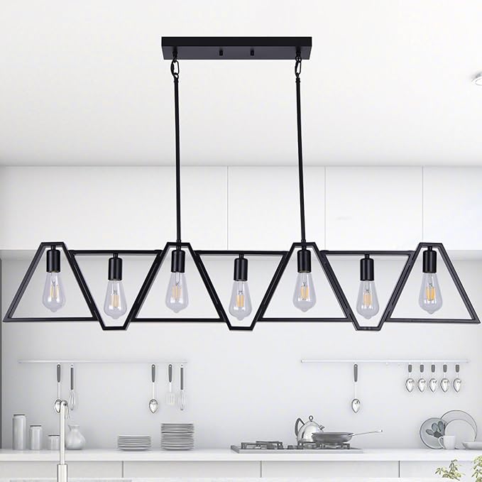 Dining Room Light Fixture, Kitchen Island Lighting with Adjustable Rods, Modern Chandelier Pendant Lamp Over Table (Black, 7 Light)