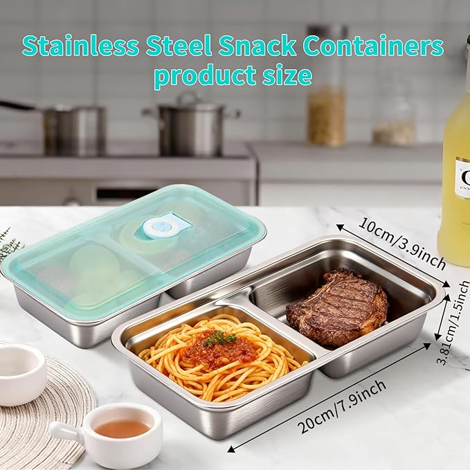 4 Pack Stainless Steel Snack Containers with Lids, Reusable Leak-Proof 2-Compartment Bento Box, Portable Food Storage Lunch Box for Work, Travel, Meal Prep