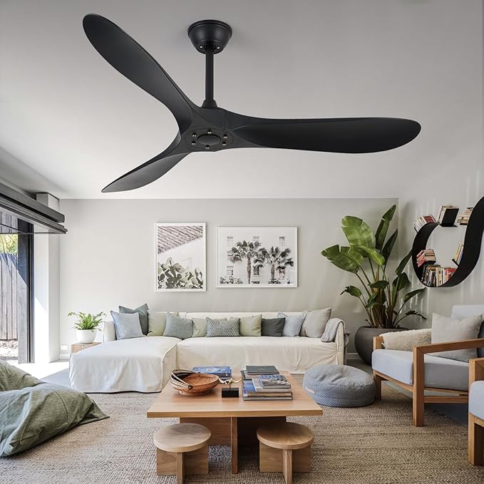 52 inch 3 blade ceiling fan without light, Noiseless Reversible DC Motor Ceiling Fan Without Light for Farmhouse Patio Living Room Bedroom, Indoor Outdoor Ceiling Fan with Remote-Black