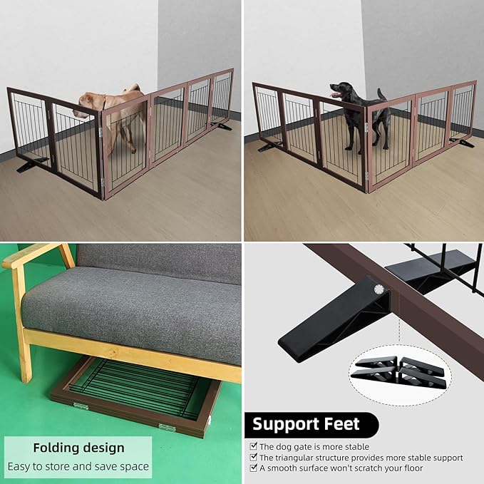 ZJSF Freestanding Dog Gate Indoor, Foldable Dog Fence for Doorways,Hallways or Stairs, Sturdy Wood Extra Wide Pet Gate with Support Feet,Brown,32 "Height-6 Panels