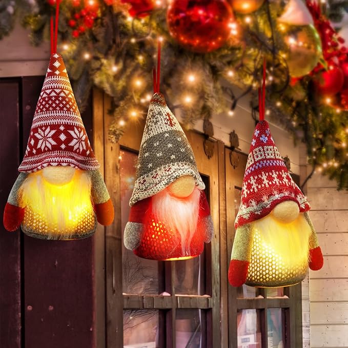 Christmas Gnome Ornaments, 4 Pack Christmas Tree Decorations Handmade Swedish Santa Gnomes Ornaments Lights Scandinavian Plush Elf Table Home Decor, Christmas Tree Hanging Decoration
