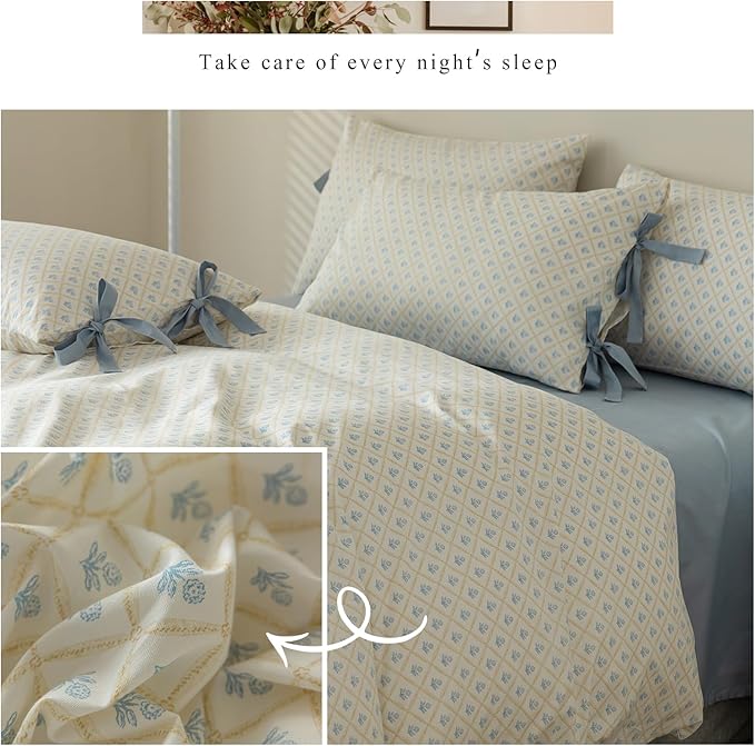 Blue Floral Duvet Cover Twin XL Garden Style Soft Cotton Floral Bedding Comforter Cover Plaid Grid Design Vintage Blue Flower Duvet Cover with 2 Bowknot Pillowcases Botanical Cottagecore Bedding Sets