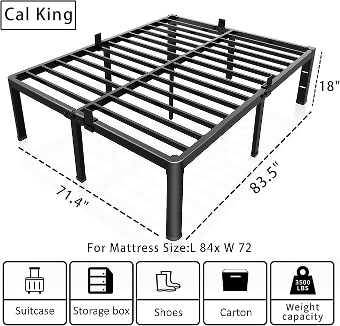 ROIL 18 Inch California King Bed Frame with Rounded Corner and Headboard Hole Mattress Retainers 3500LBS Metal Heavy Duty Steel Slats No Box Spring Needed Platform Noise-Free Easy Assembly