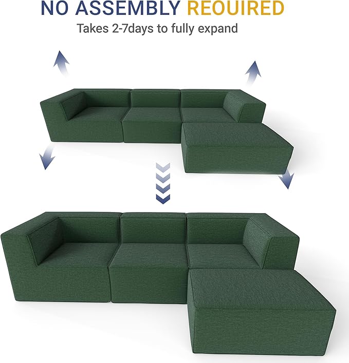 106" Sectional Compressed Sofa Modular Couches L-Shape with Chaise,High-Density Foam No Assembly Required,4-Piece(2xCorner 1xArmless 1xOttoman) for Living Room Chenille Green