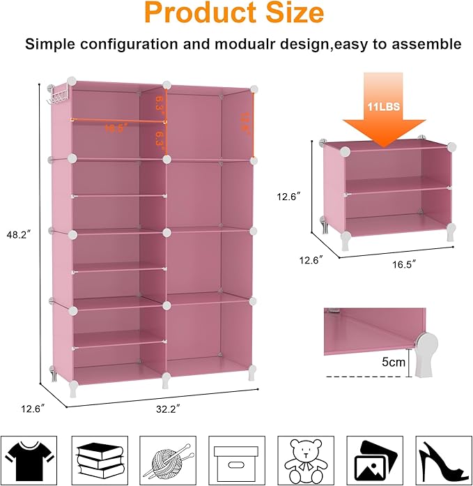 AWTATOS Closet Organizer 8 Cube Storage Shelves Clothes Organizers Closet Storage Stackable Cubby Shelving for Closet Bedroom Living Room Pink