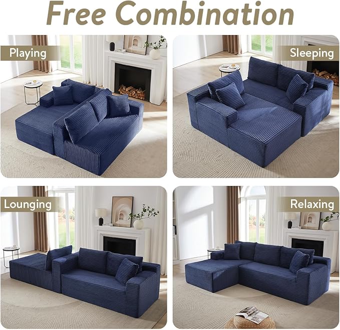 Modular Cloud Sectional Couch with L-Shape Chaise,Modern Upholstered Couches with Deep Seat,Corduroy Sponge Compressed Sofa for Living Room,No Assembly Required (Blue)