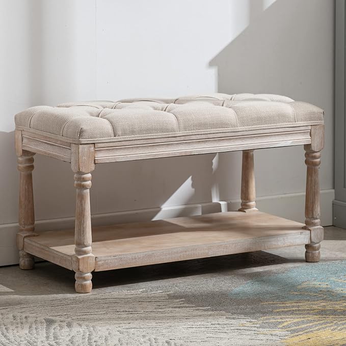 DUOMAY Farmhouse Tufted Storage Ottoman Bench with Shelf, 31.5" Width Linen Upholstered Entryway Shoe Ottoman Foot Stool for Bedroom Living Room Dining Room, Beige