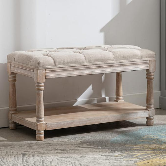 DUOMAY Farmhouse Tufted Storage Ottoman Bench with Shelf, 31.5" Width Linen Upholstered Entryway Shoe Ottoman Foot Stool for Bedroom Living Room Dining Room, Beige