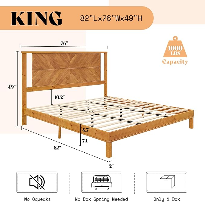 AMERLIFE Solid Wood Queen Size Bed Frame with Headboard, Rustic Style Platform Bed Frame with Under-Bed Storage, No Box Spring Needed, Noise Free, Easy Assembly, Light Brown