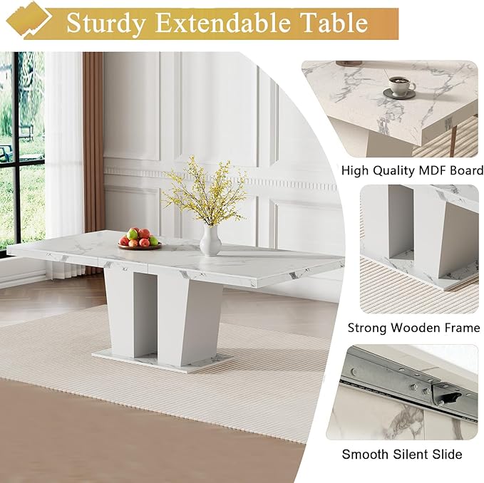 5-Piece Extendable Dining Table Set for 4-8 People 63-78 Inch Kitchen Table Set with 4 Beige Upholstered Chairs Modern White Faux Marble Rectangular Dining Room Table Set for Kitchen Apartment