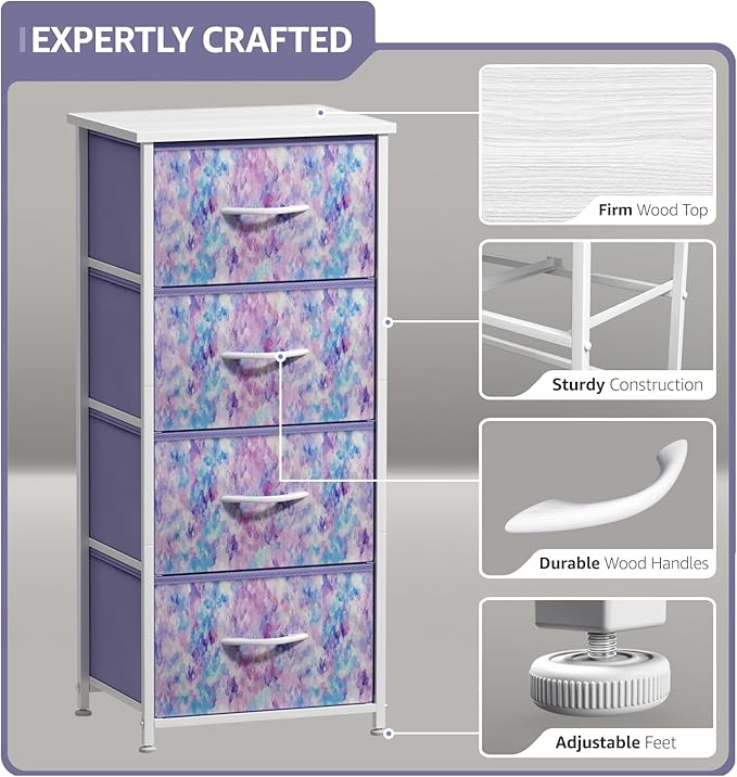 Sorbus Dresser Storage Tower, Organizer Drawers For Closet Boys & Girls Bedroom Bedside Furniture, Chest for Home, College Dorm, Steel Frame, Wood Top, Tie-dye Fabric Bins (4-Drawer, Blue/Pink/Purple)