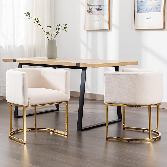 Linen Fabric Dining Chairs Set of 2 Modern Barrel Arm Chairs with Golden Frame, Upholstered Kitchen Chairs 18.5" Wide Accent Chairs for Living Room Dining Room Restaurant, Cream