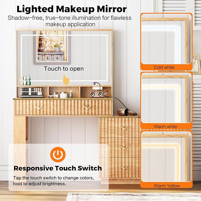 57“Makeup Vanity Desk with Mirror and Lights, Vanity Desk with 5 Drawers & Storage Shelves, Vanity Table with Power Outlet, 3 Color Modes & Adjustable Brightness Dressing Table, Bedroom,Oak