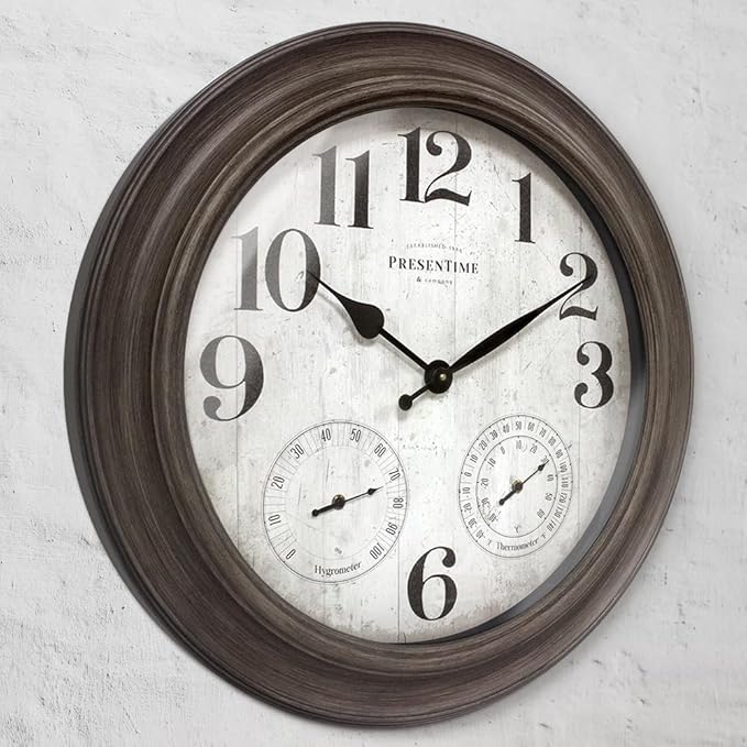 Presentime & Co. 26" Clifton in/Outdoor Farmhouse Clock with Thermometer & Hygrometer as All in One Weather Station, Farmhouse Wall Art and Timepiece for Home Decoration, Grey Oak Finish