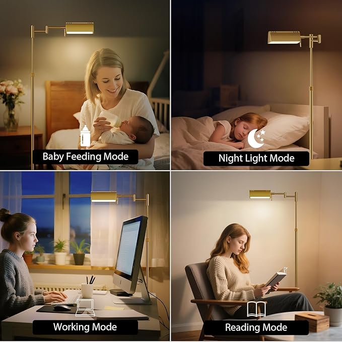 SUNMORY Dimmable LED Pharmacy Floor Lamp, 16W/1500LM Bright Reading Floor Lamp with Remote & Touch Control, 350°Swing Arm, Adjustable Task Craft Standing Lamp for Living Room Bedroom Office, Gold