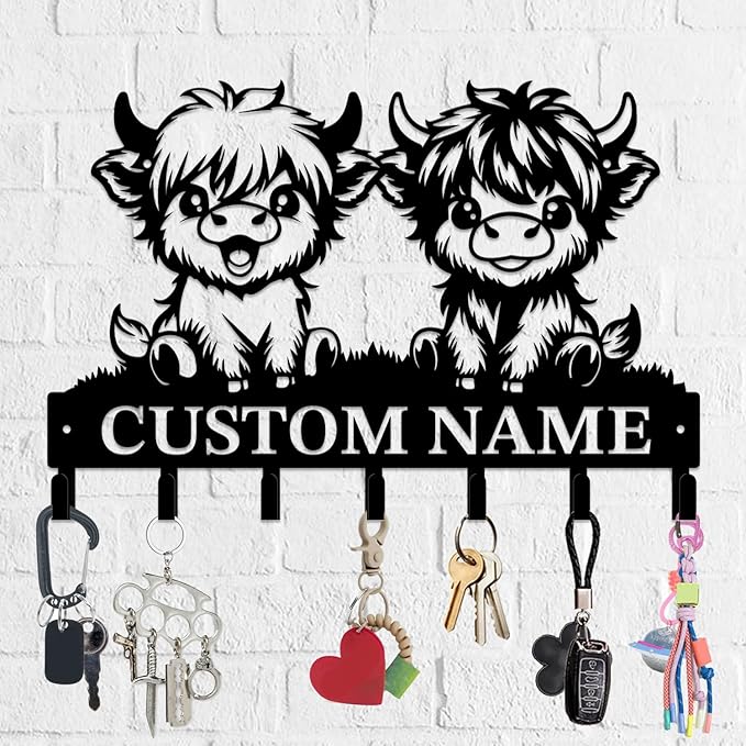 Personalized Highland Cow Metal Keys Hooks,Custom Name Metal Highland Cow Keys Hooks,Black Metal Highland Cow Wall Home Storage Decorative Keys Hooks,Key Holder Hooks for Wall (Style B)