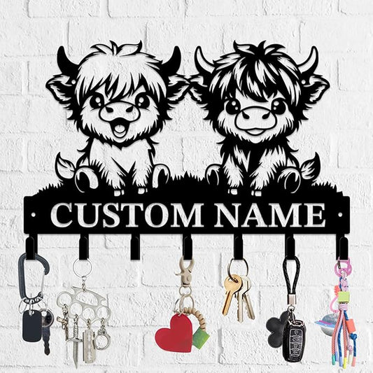 Personalized Highland Cow Metal Keys Hooks,Custom Name Metal Highland Cow Keys Hooks,Black Metal Highland Cow Wall Home Storage Decorative Keys Hooks,Key Holder Hooks for Wall (Style B)