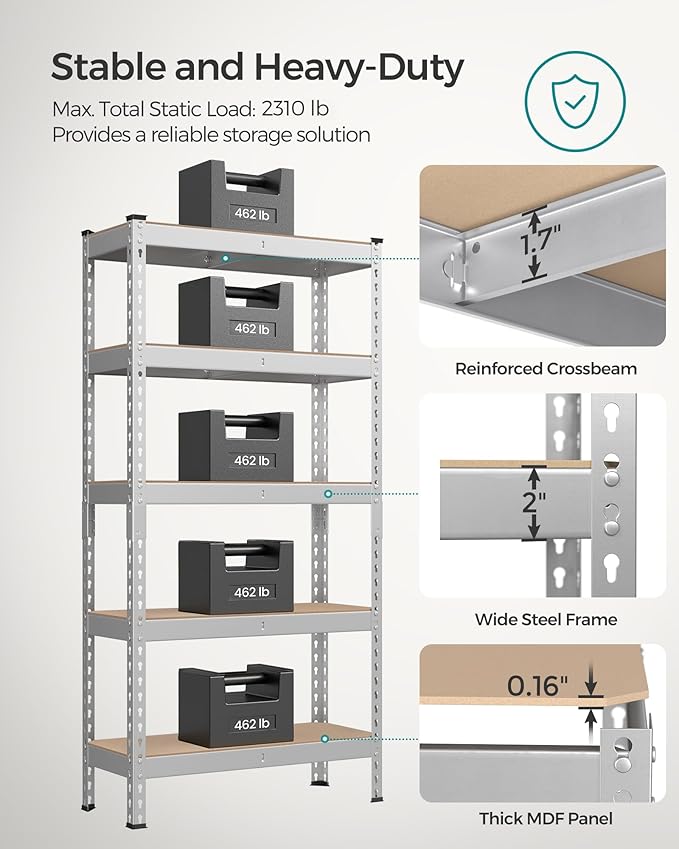 SONGMICS 5-Tier Storage Shelves, Load 2310 lb, Garage Storage, Boltless Assembly, Adjustable Shelving Unit, 11.8 x 29.5 x 59.1 Inches, for Study Shed Basement, Silver and Natural Beige UGLR300E01