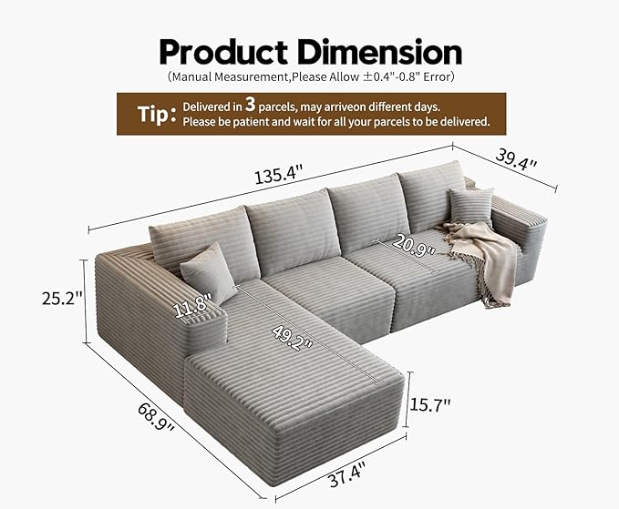 135.4" Cloud Modular Sectional Sofa Couch with L-Shape Chaise,Modern Minimalist Upholstered Couches for Living Room Bedroom,Deep Seat Corner Couch，No Assembly Required (Grey,Left Facing Chaise)
