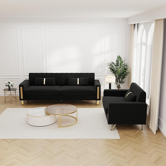 Couch 85.62" 3 Seats Sectional Velvet Fabric Sofa Easy Assemble Sofa Bed with 2 Couch Pillows,Gold Metal Legs for Living Room (P17, Black（3+1）)