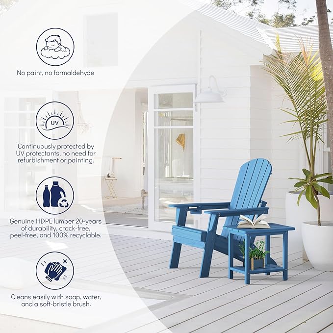 Plawdlik Folding Adirondack Chair Set of 4 with Cup Holder, SGS Tested, HDPE Heavy All-Weather,Wooden Textured,Backyard Fire Pit, Light Blue