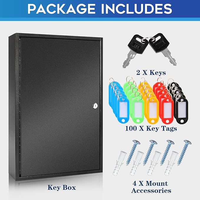 ORIENTOOLS Key Box 100 Position Steel Key Safe Cabinet, Wall Mount Key Holder Lock Box with Key Tags, Key Organizer Ideal for Home, Hotels, Valets and Office Key Storage, Black