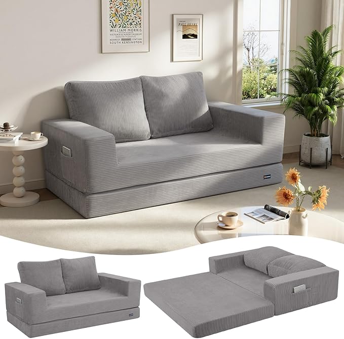 COMAX Convertible Sofa Bed Queen, Folding Fold Out Couch Bed, Floor Futon Couch Corduroy with Back Pillows, Boneless Sofa Comfy Lounge Sleeper Mattress Loveseat for Living Room Bedroom, Light Grey