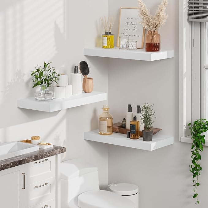 Heimlove 12" Deep White Floating Shelves for Wall, 24 Inch Shelf Bathroom Shelves Set of 2, Mounted Shelves for Books Living Room Laundry Room Bedroom Kitchen Home Office