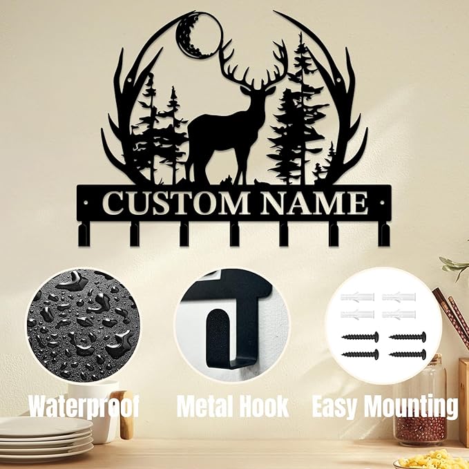 Personalized Custom Name Forest Deer Wall Keys Hooks,Metal Forest Deer Art Clothes Hooks,Metal Forest Deer Wall Home Storage Decorative,For Front Door, Hallway, Kitchen, Bedroom,Keys,Hats (Style J)