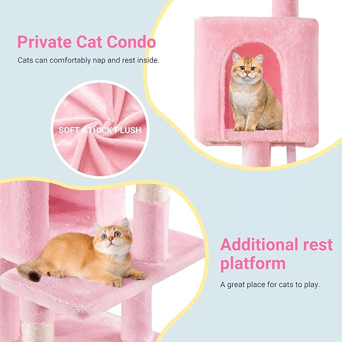 Allewie 29 Inches Cat Tree Tower/Plush Perches Platform/Condo/House/Sisal Scratching Posts/Multi-Level Activity Center Furniture for Kittens/Pink