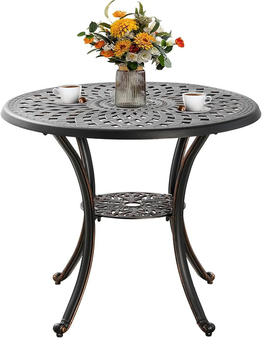 31.5" Cast Aluminum Patio Table with 2.2" Umbrella Hole,Anti-Rust Outdoor Patio Dining Tables,Round Metal Patio Table for Indoor,Garden,Porch,Bronze