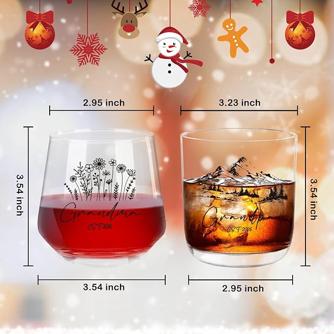 Ithmahco First Time Grandparents Christmas Gifts 2026, Grandma Wine Glass And Grandpa Whiskey Glass Set, Pregnancy Announcement Gifts For Grandparent, Promoted To Grandparents Christmas Gift