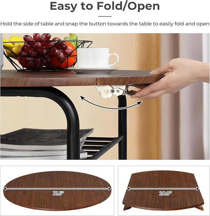 VINGLI 31.5" Drop Leaf Dining Table Set 3 Pieces for Small Space,Small Kitchen Table Set for 2,Round Folding Table with 2 Chairs for Home,Kitchen,Apartment,Black&Brown