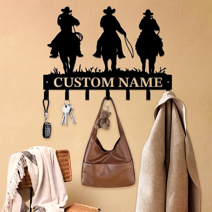 Personalized Custom Name West Cowboy Keys Hooks,Metal Cowboy Art Clothes Keys Hooks,Metal Cowboy Lover Wall Home Storage Decorative Keys Hooks,Key Holder Hooks for Wall (Style K)