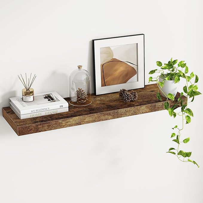 Fun Memories 36 Inch Floating Shelves - Rustic Wooden Wall Shelves - Wall Mounted Storage Shelf with Invisible Brackets - Extra Deeper & Thicker for Living Room, 36" W x 9.3" D x 1.5" H - Rustic Brown