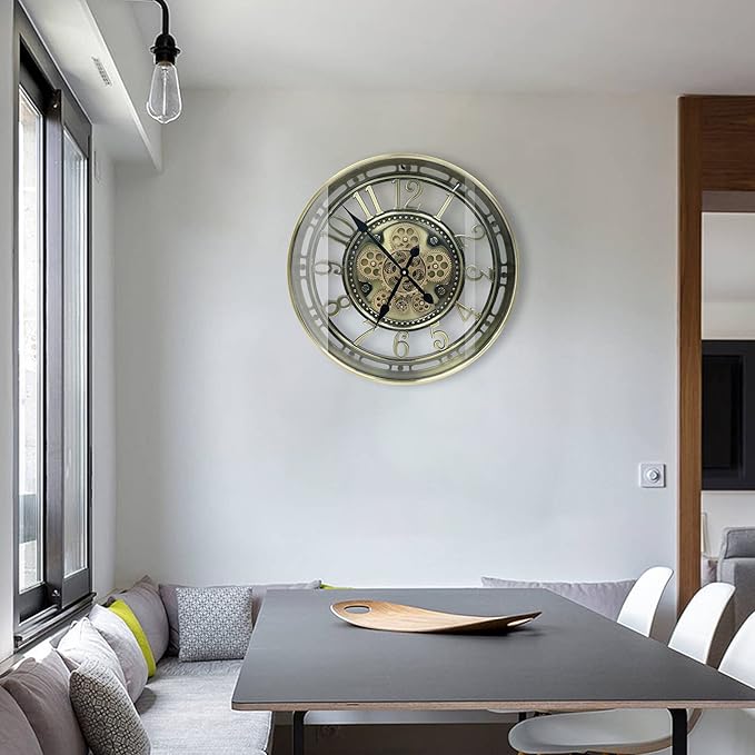 Real Moving Gears Wall Clock Large Modern Metal Clocks for Living Room Decor, Industrial Steampunk Unique Vintage Rustic Decorative Clock for Home Farmhouse Office, 21 Inch,Bronze Gold Arabic