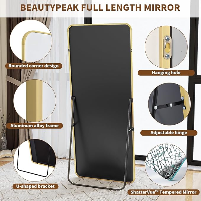 BEAUTYPEAK Full Length Mirror, 66"x23" Rounded Corner Floor Mirror Standing Hanging or Leaning Against Wall, Suitable for Dressing Room or Bedroom, Gold
